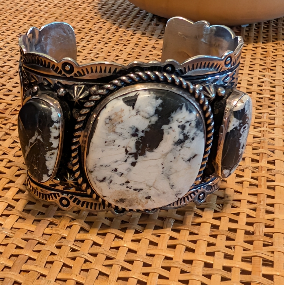 Sterling Silver Large 3 Stone White Buffalo Turquoise Wide Band Thunderbird Cuff